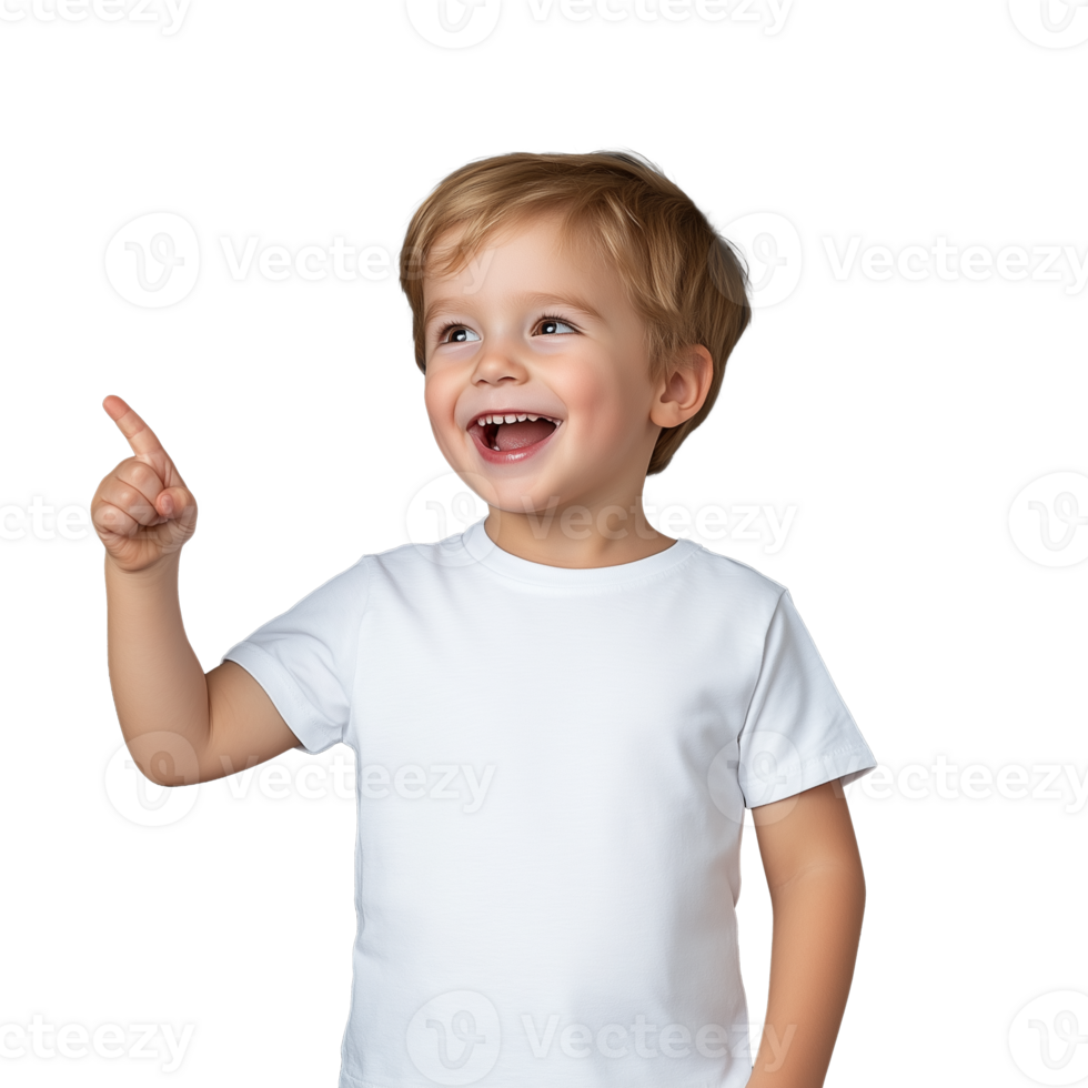 Smiling young boy in a white t shirt, pointing to the side, on a transparent background. png