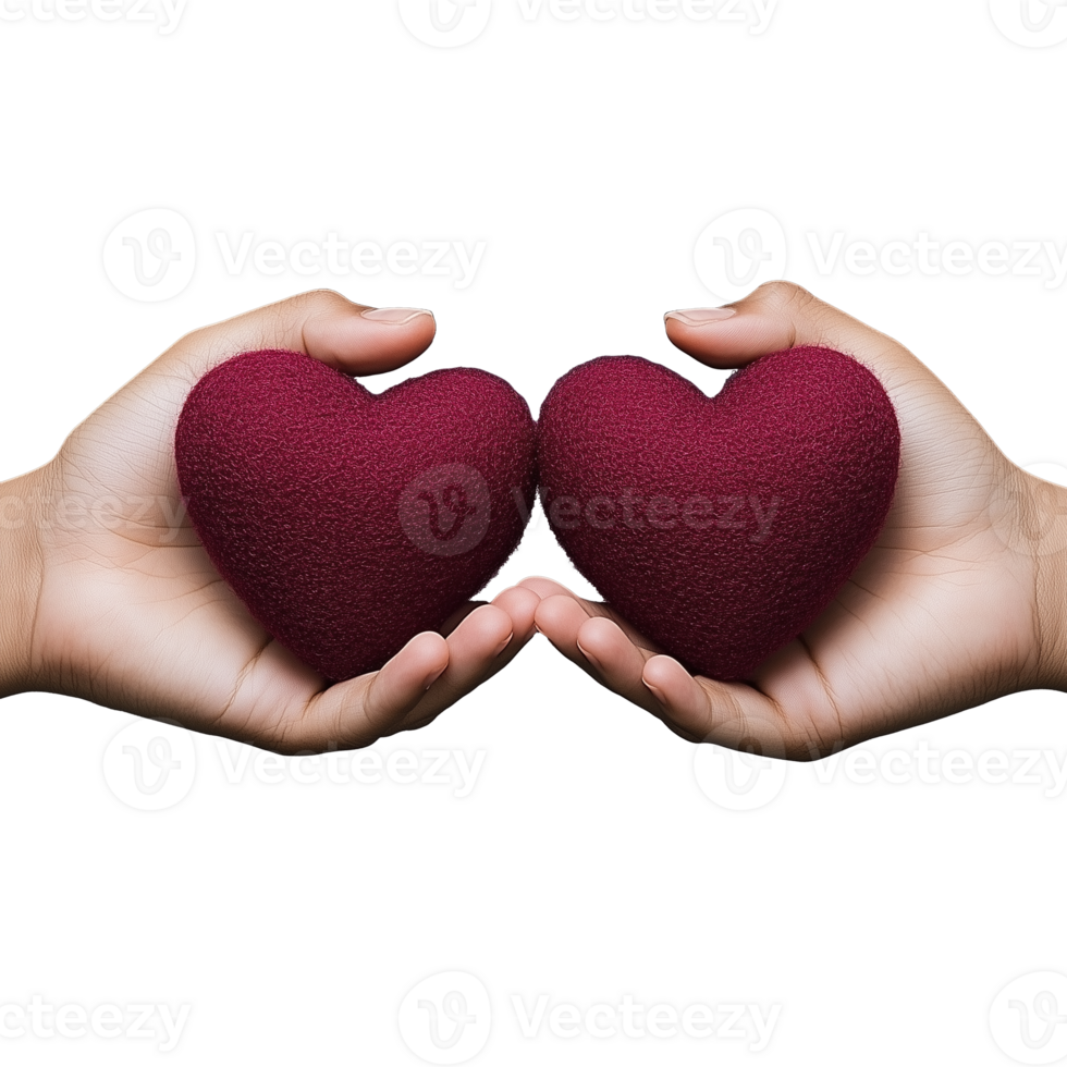 Two hands holding soft, red heart shaped pillows together, on a transparent background. png