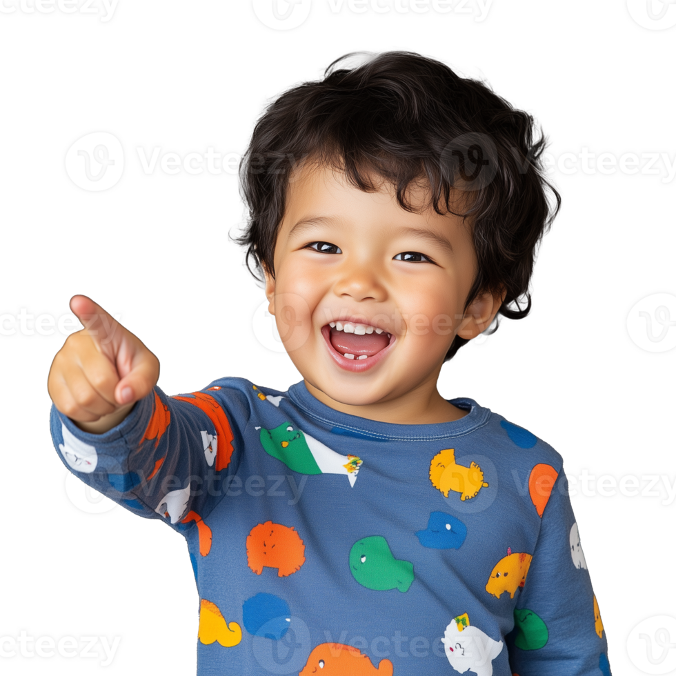 Laughing toddler wearing a colorful dinosaur printed shirt, pointing playfully, on a transparent background. png