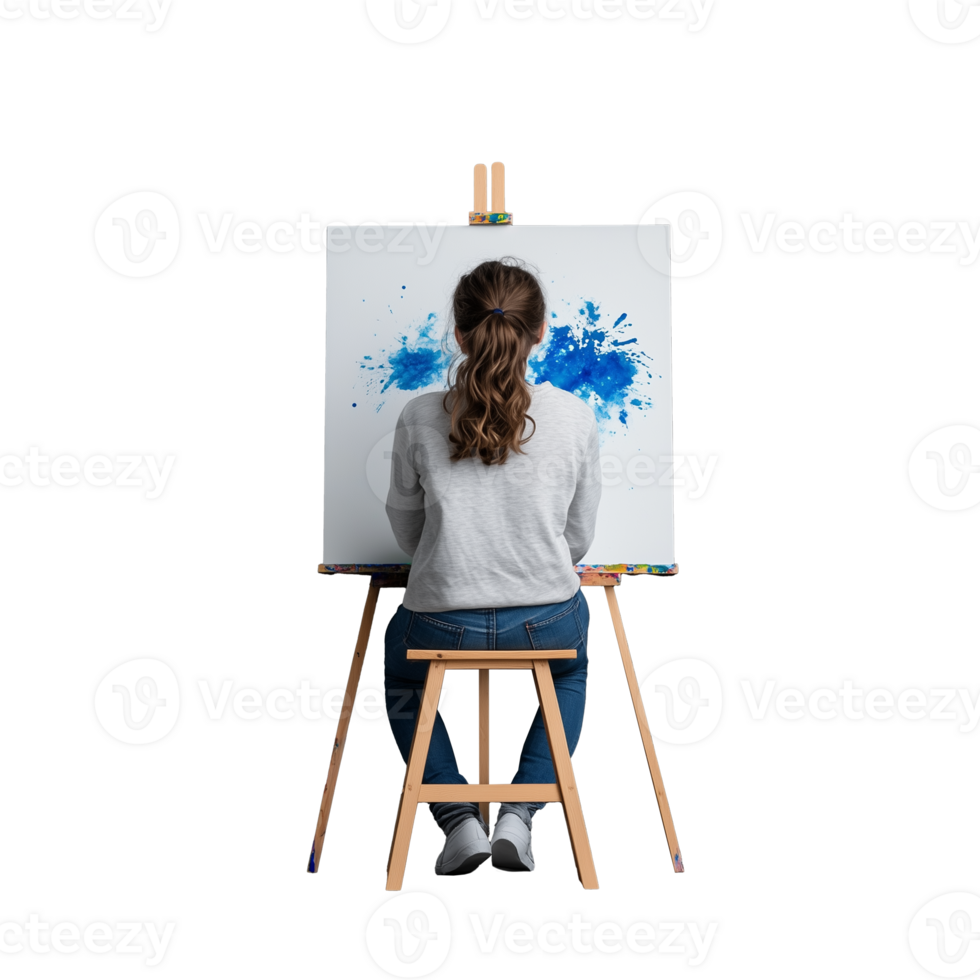 Girl painting on a canvas with blue paint, sitting on a wooden stool, on a transparent background. png