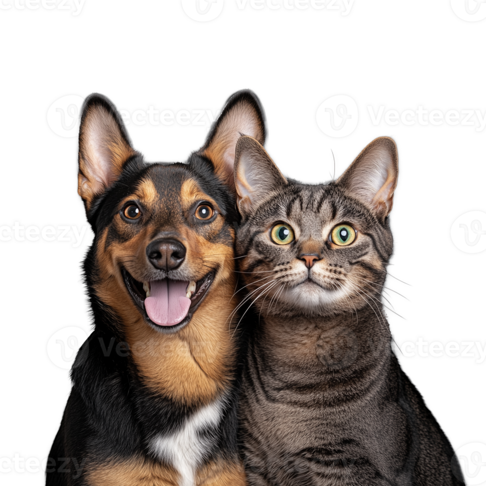 Close up of a smiling dog and cat sitting together, looking forward, on a transparent background. png