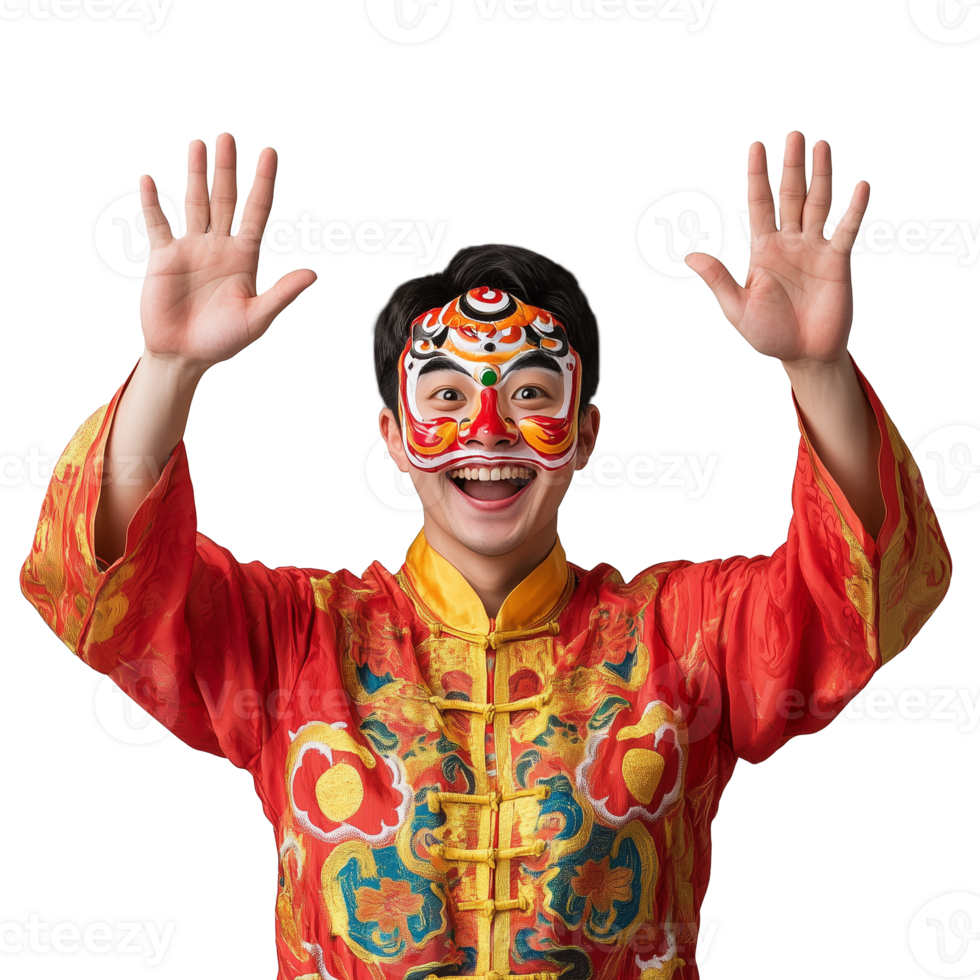 Boy dressed in a colorful costume with a dragon mask, raising both hands in celebration, on a transparent background. png