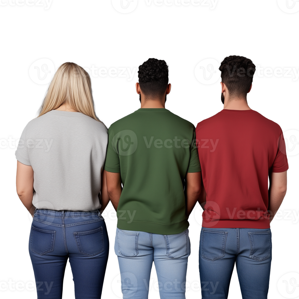 Back view of three people standing together, wearing different colored shirts, on a transparent background. png