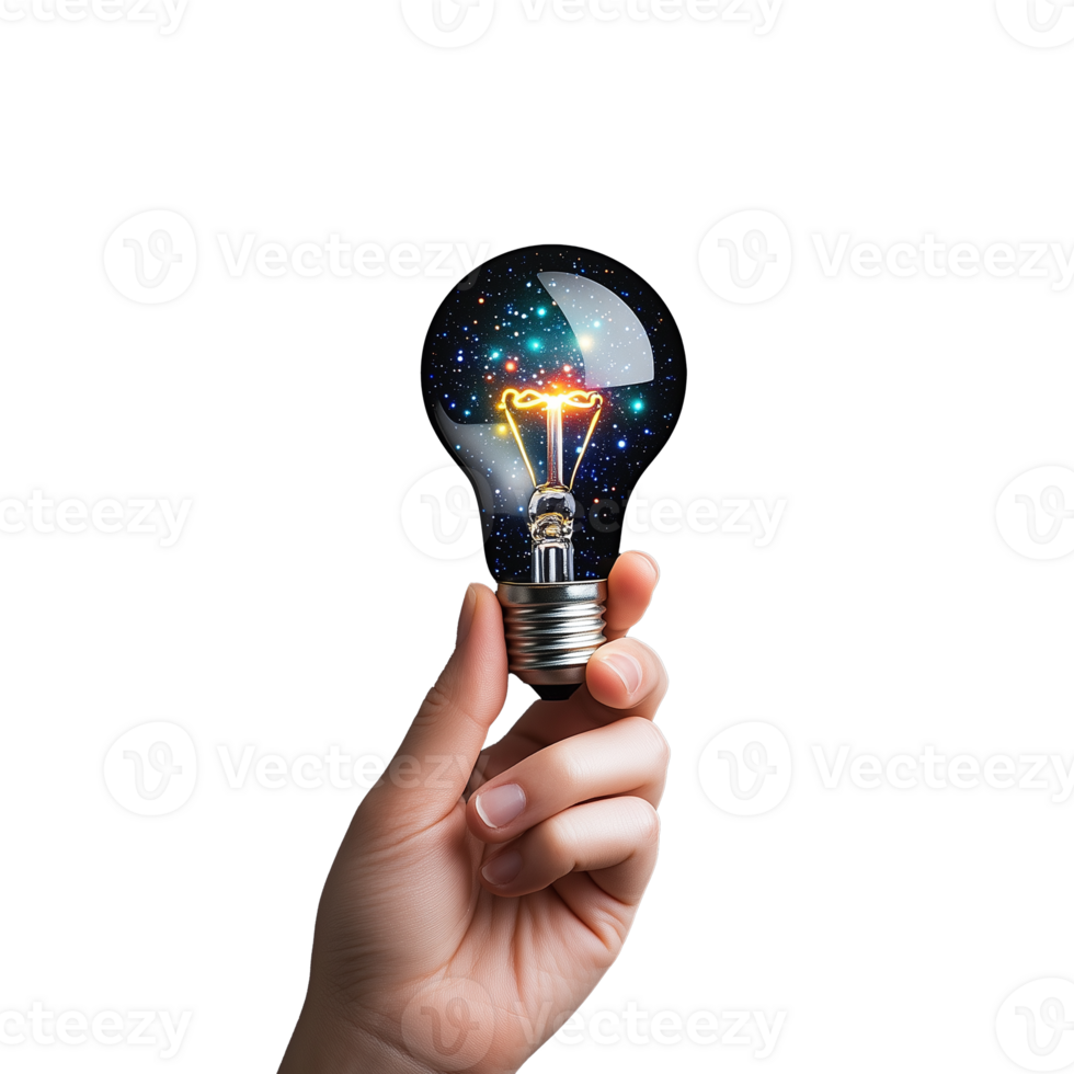 Hand holding a light bulb with a galaxy and rocket inside, symbolizing creativity and ideas, on a transparent background. png