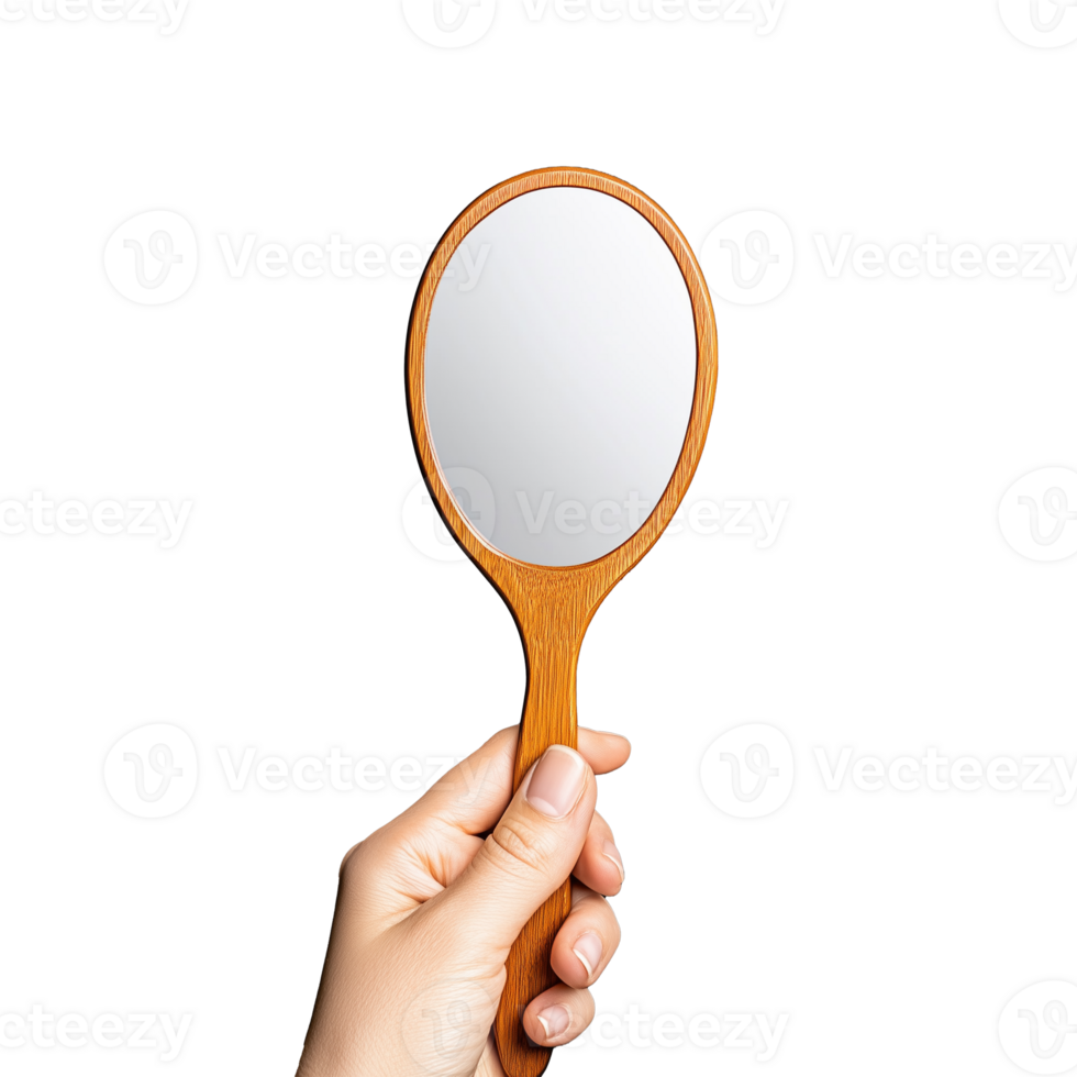 Hand holding a wooden framed handheld mirror, reflecting an empty background, on a transparent background. png