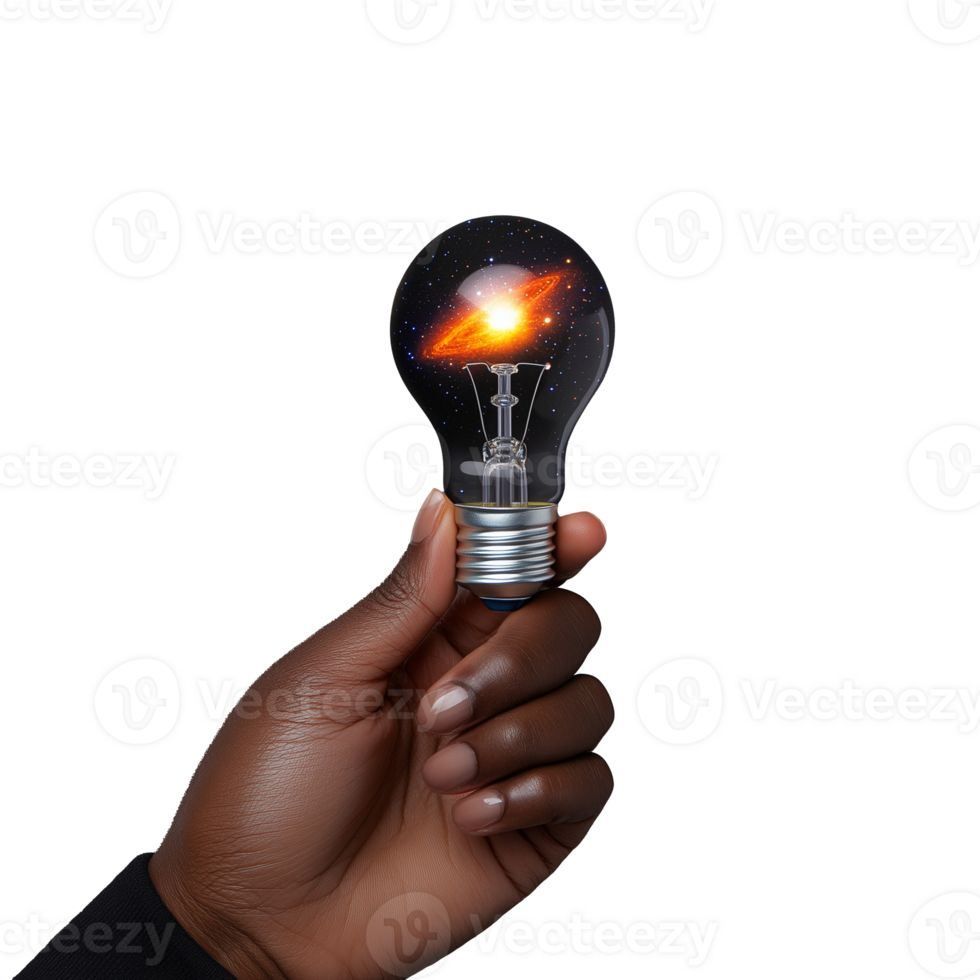 Hand holding a light bulb with an explosion inside, symbolizing a powerful idea, on a transparent background. png