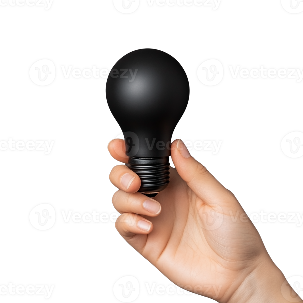 Hand holding a black, unlit light bulb, symbolizing potential ideas or unused creativity, on a transparent background. png