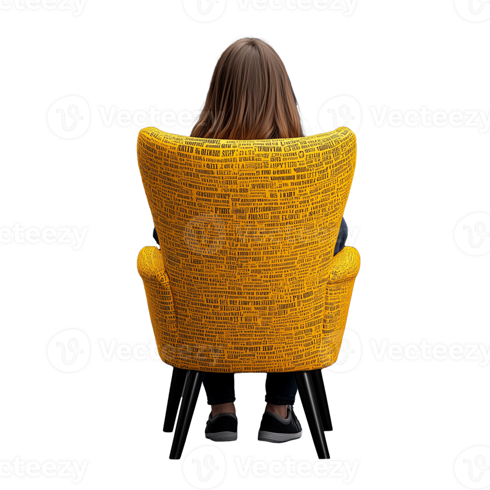Woman sitting on a yellow chair with her back facing the camera, on a transparent background. png