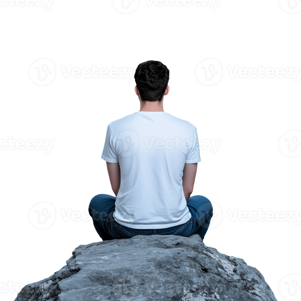 Man sitting on a large rock, back turned, wearing a white t shirt, on a transparent background. png