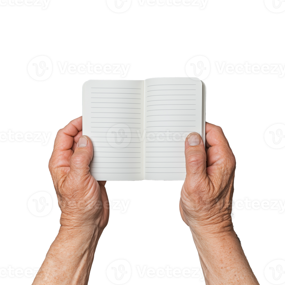 Hands holding an open notebook, showing blank pages, on a transparent background. png