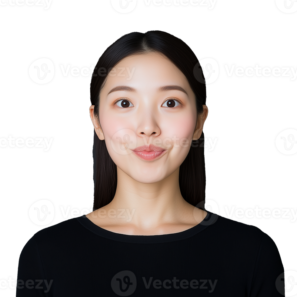Woman smiling with her lips pursed, showing a fun and quirky expression, on a transparent background. png