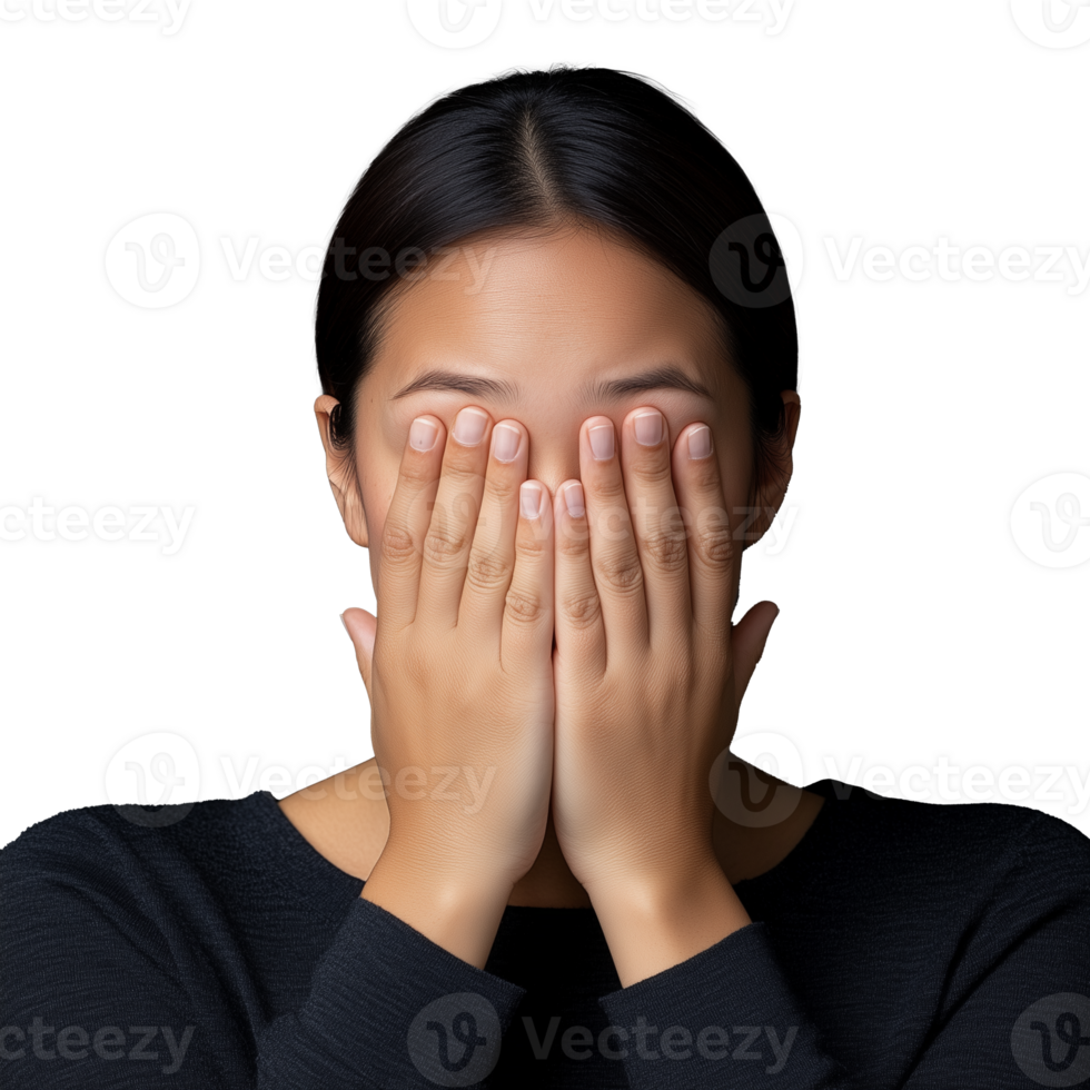 Woman covering her face with her hands, hiding playfully, on a transparent background. png