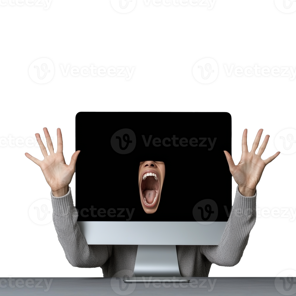 Person screaming with face appearing through a computer screen, symbolizing digital frustration, on a transparent background. png
