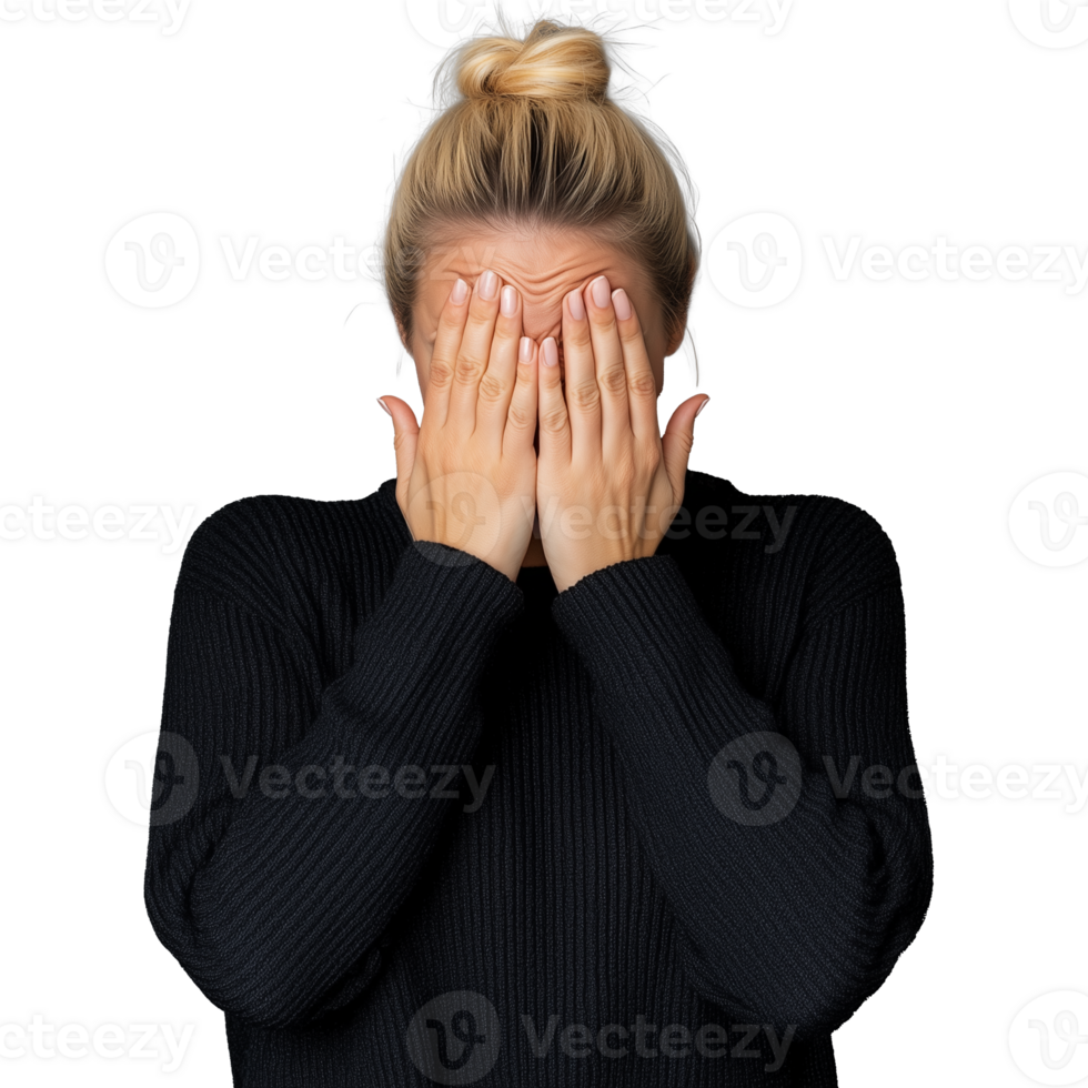 Woman covering her eyes with both hands, playfully hiding, on a transparent background. png