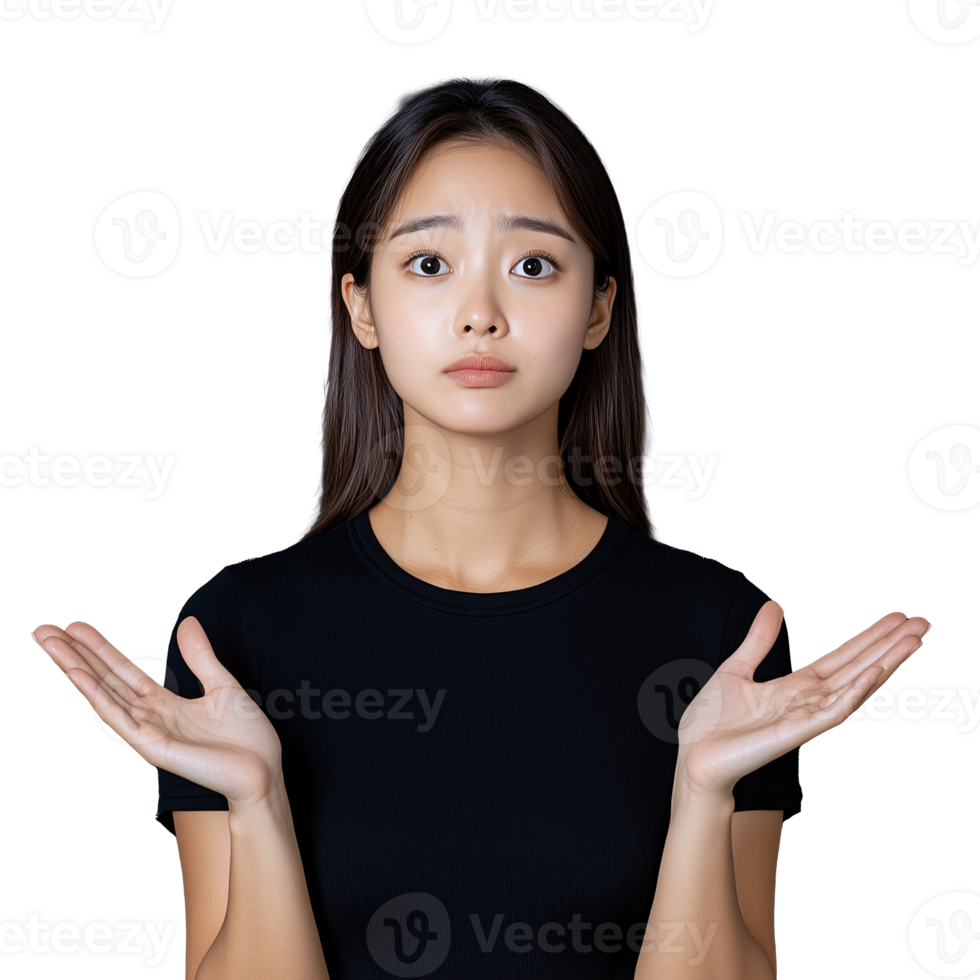 Woman shrugging with a confused expression, hands raised, on a transparent background. png