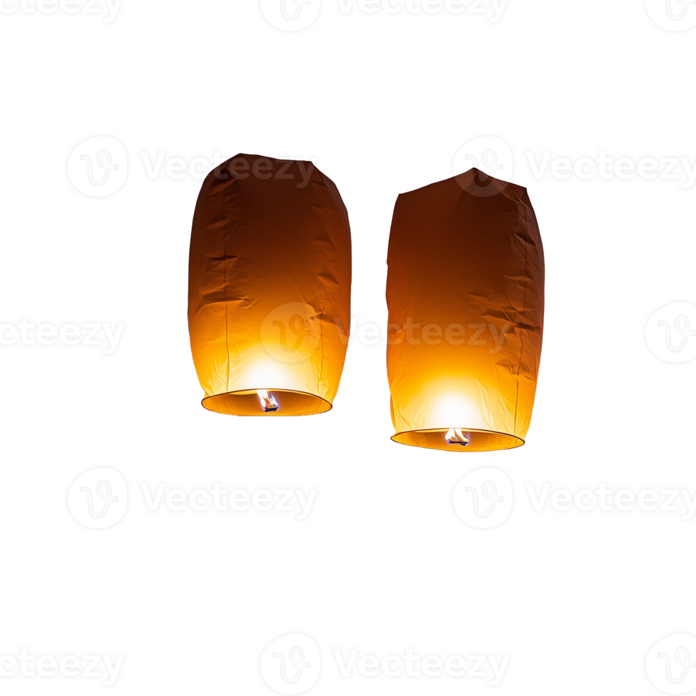 Two floating sky lanterns glowing softly, symbolizing wishes and hope, on a transparent background. png