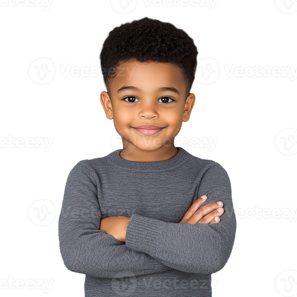 Little boy standing with arms crossed, looking confident, on a transparent background. png