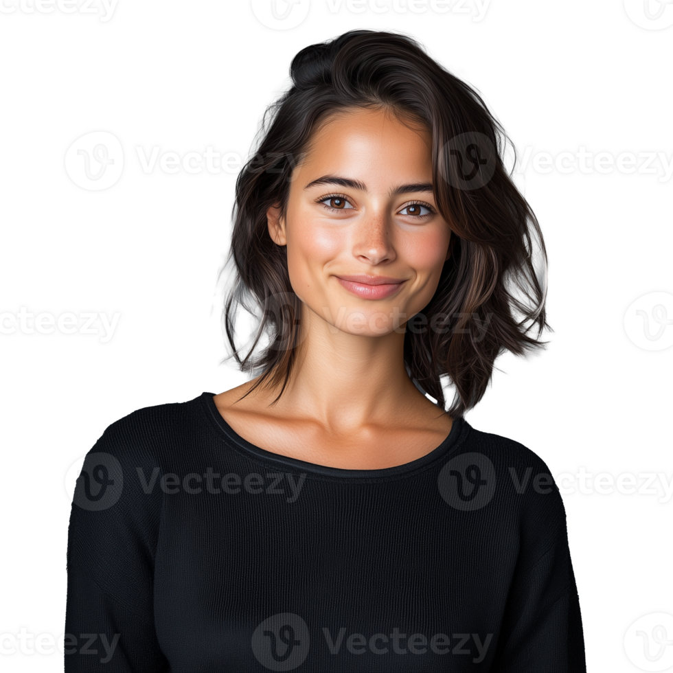 Woman with shoulder length hair smiling confidently, on a transparent background. png