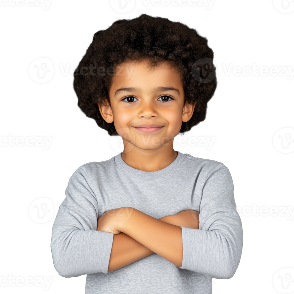 Young boy with curly hair crossing his arms and smiling confidently, on a transparent background. png