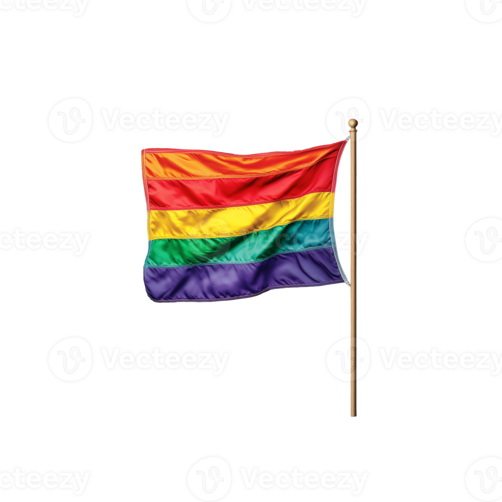 Rainbow LGBTQ pride flag waving on a pole, symbolizing equality and love, on a transparent background. png