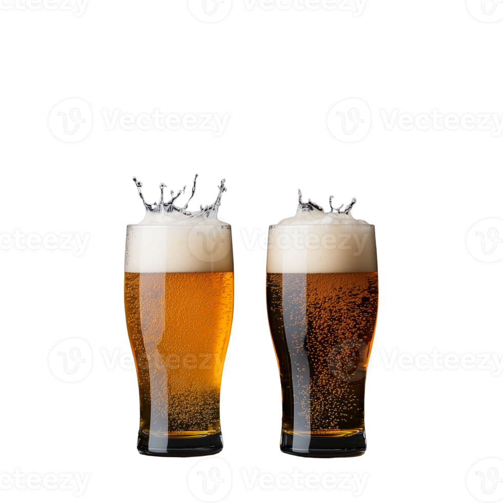 Two glasses of beer with foam splashing at the top, on a transparent background. png