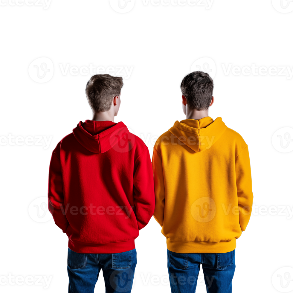 Two boys standing side by side, one in a red hoodie and the other in a yellow hoodie, back view, on a transparent background. png