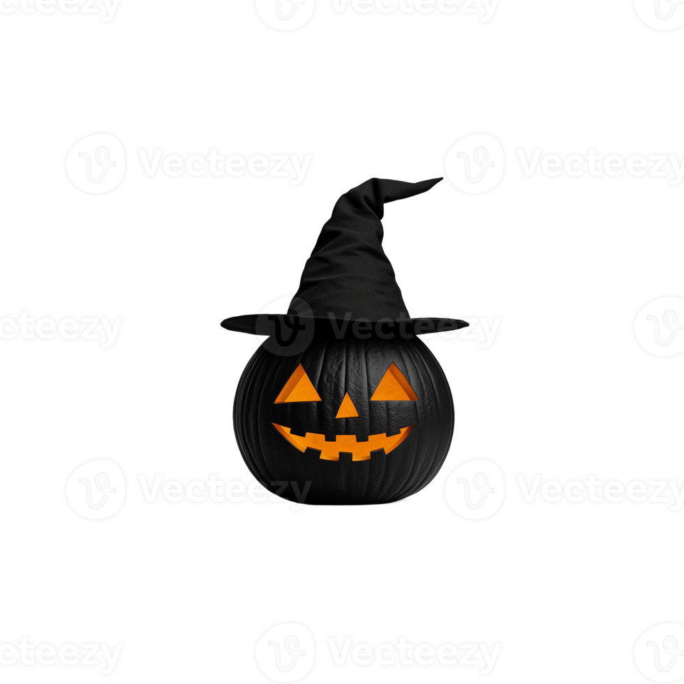Black pumpkin with carved jack o' lantern face and witch hat on transparent background png