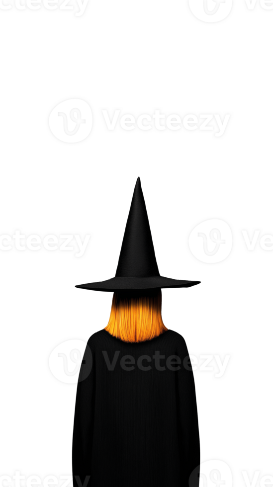 Witch in black cloak with pointy hat and red hair from back view on transparent background png