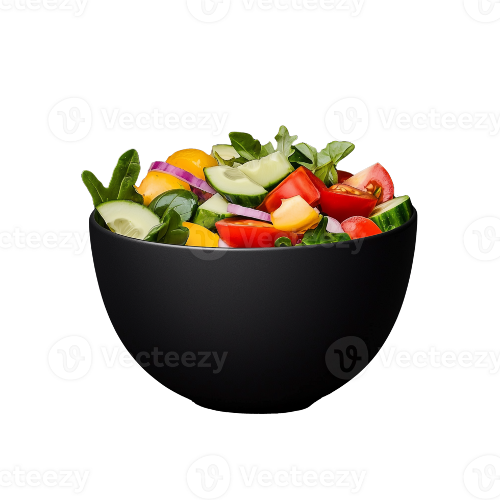 Fresh vegetable salad with cucumbers, tomatoes, and peppers in black bowl on transparent background png