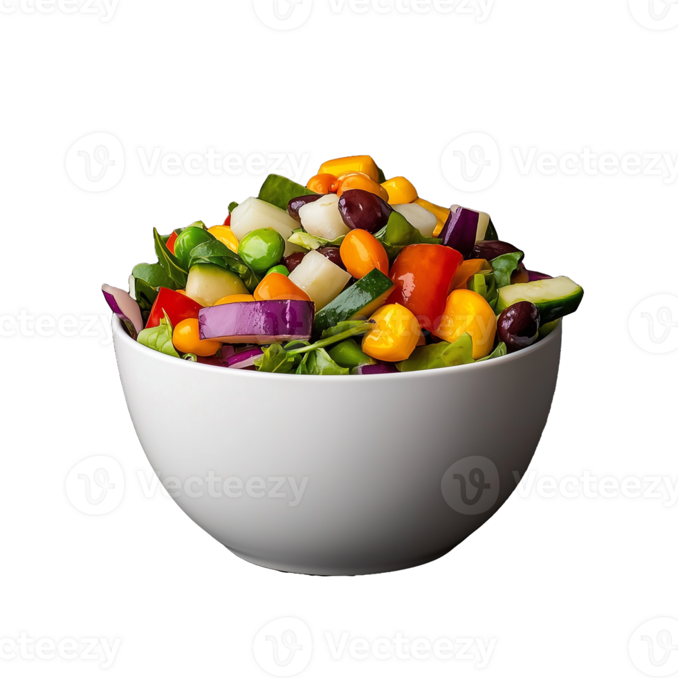 Fresh colorful salad with vegetables including tomatoes and cucumbers in white bowl on transparent background png