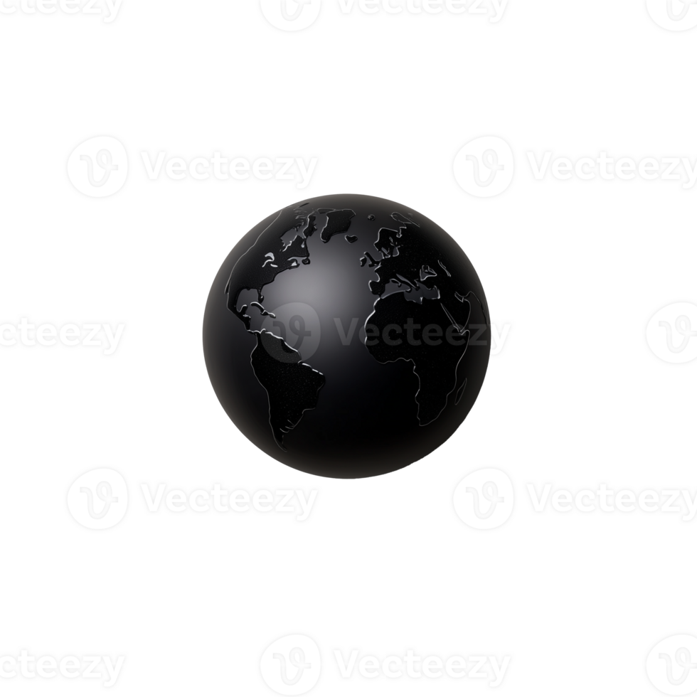 Black metallic globe with continents and smooth finish on transparent background png