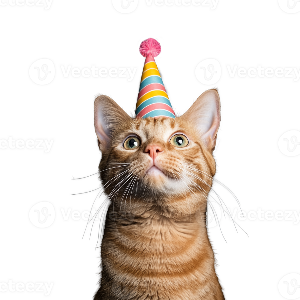 Cute cat wearing party hat with alert expression and festive look on transparent background png