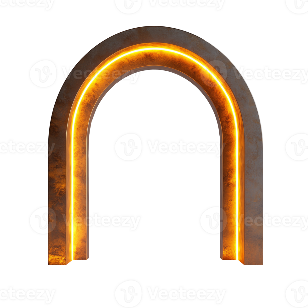 Illuminated metallic arch with glowing orange light on transparent background png