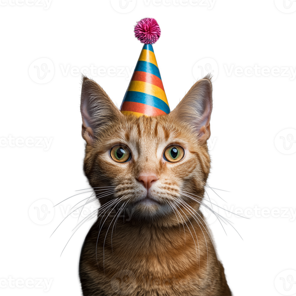Adorable tabby cat wearing colorful party hat with curious expression on transparent background png