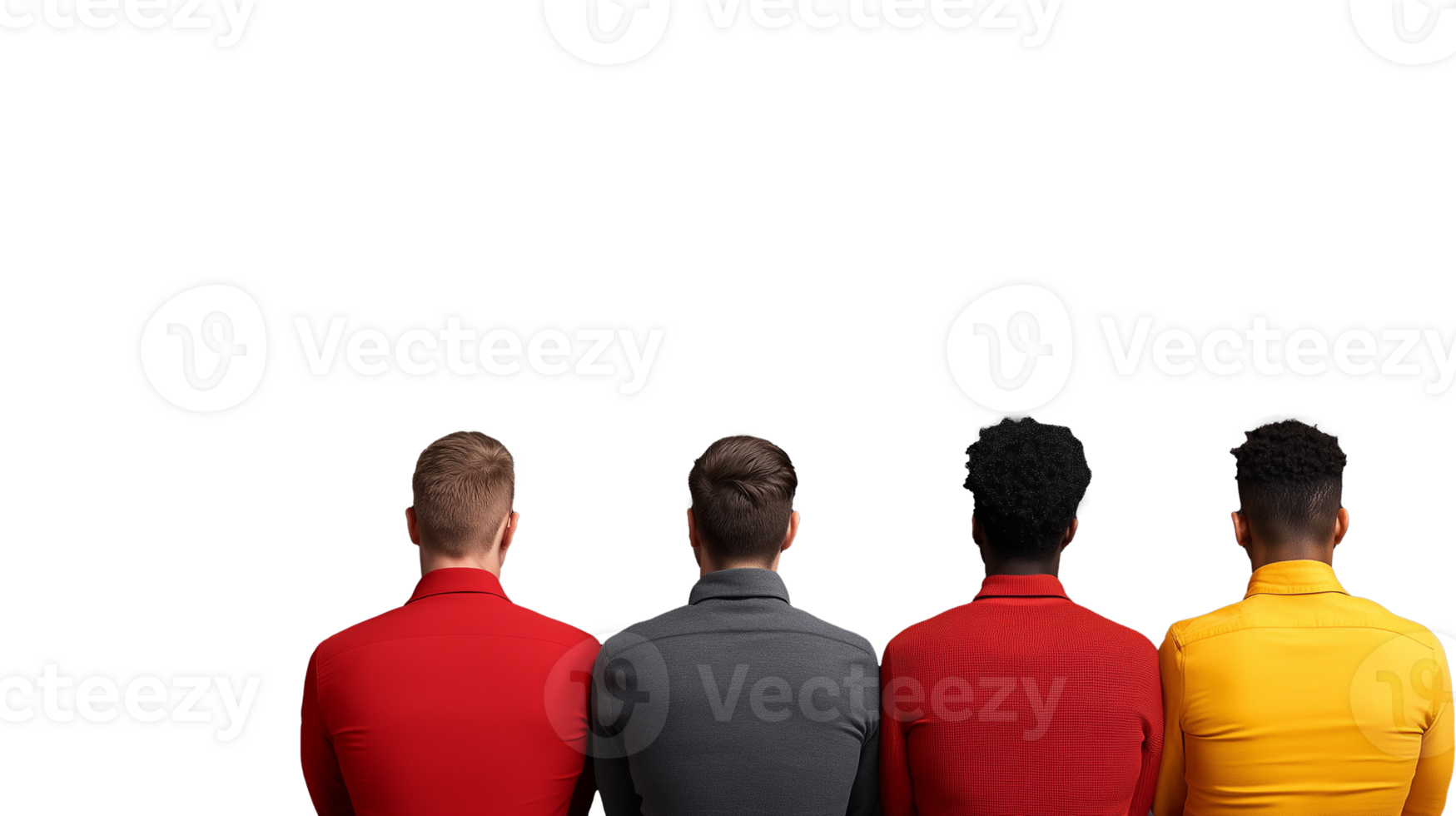 Group of four diverse men seen from the back wearing different colored shirts on transparent background png