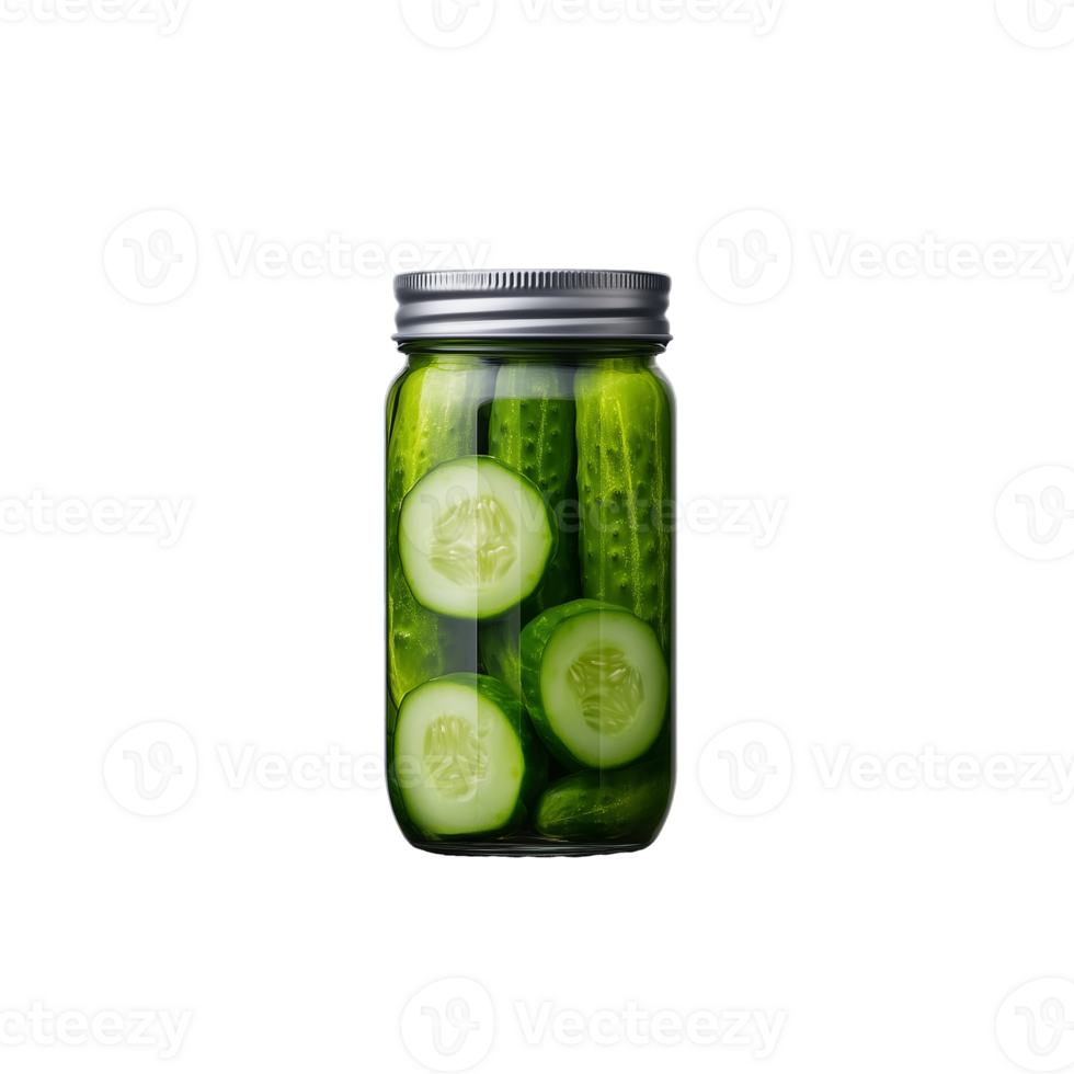 Glass jar filled with fresh pickled cucumbers on transparent background png