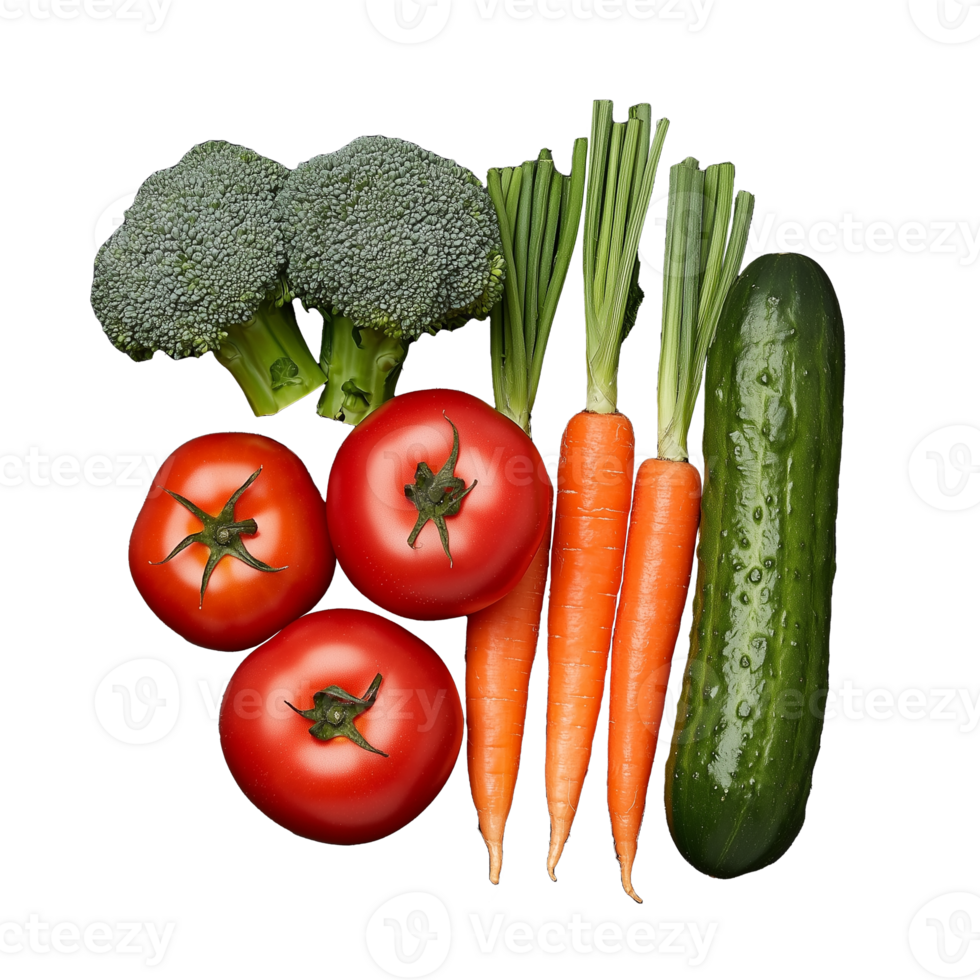Fresh assorted vegetables including tomatoes, broccoli, carrots, and cucumber on transparent background png