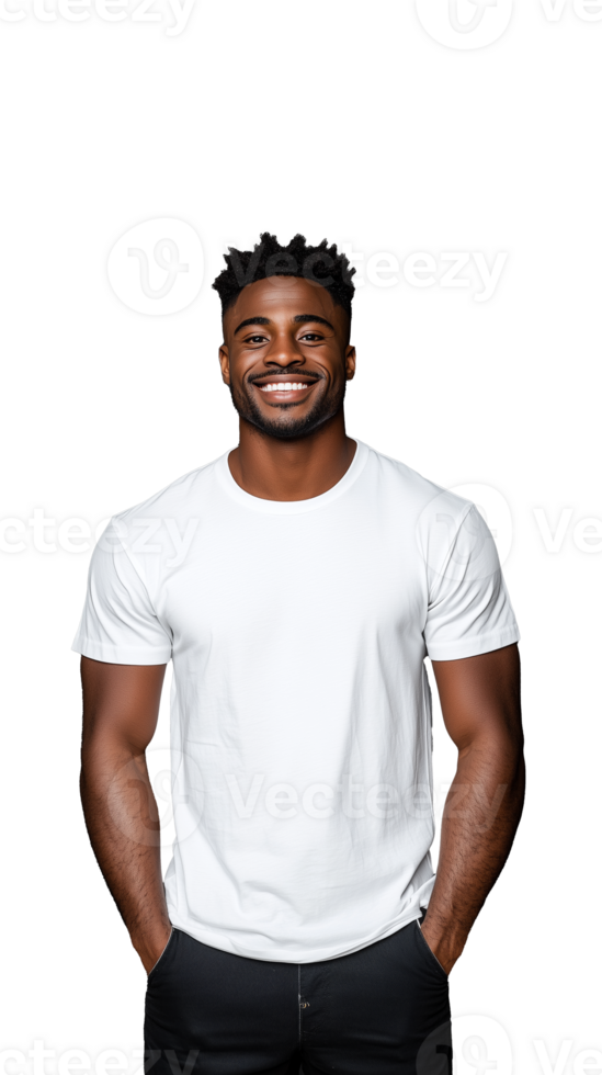 Smiling man in casual white t shirt standing confidently on transparent background png