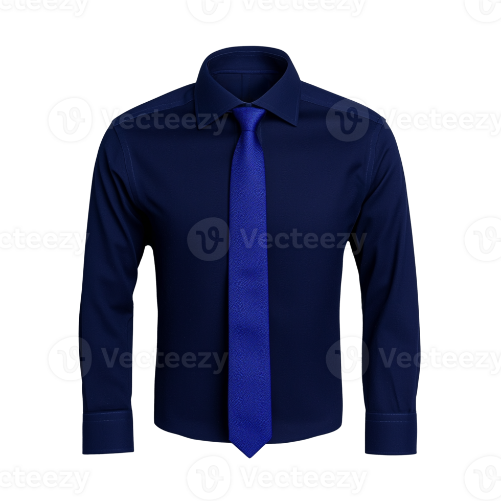 Formal dark blue dress shirt with matching tie on transparent background png