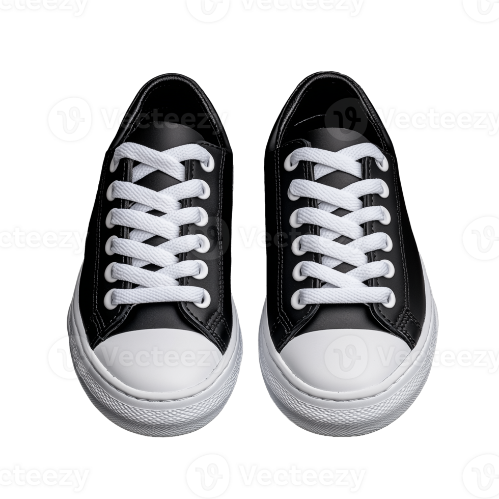 Pair of classic black low top sneakers with white laces on transparent background png