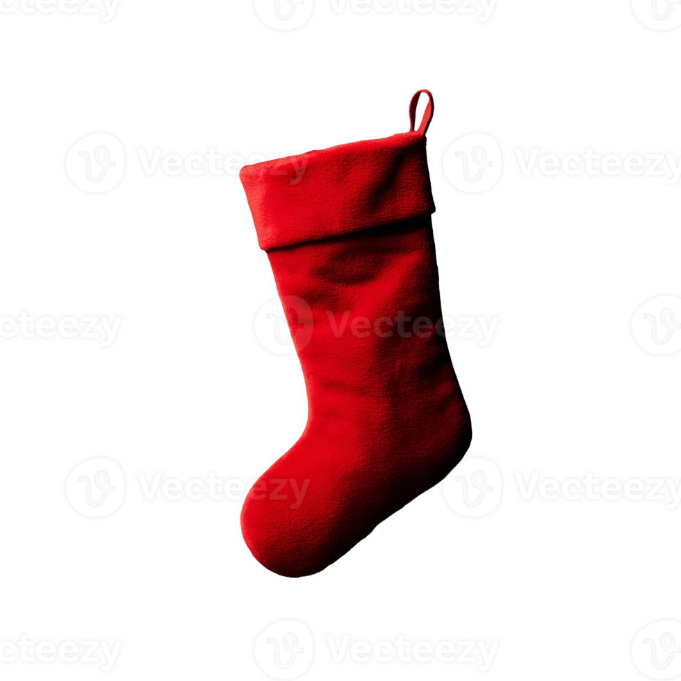 Red velvet Christmas stocking with soft plush material and loop on transparent background png
