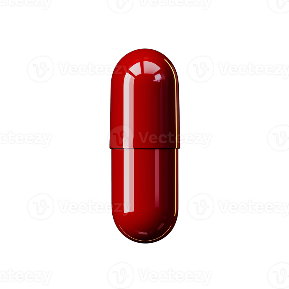 Bright red glossy capsule pill with shiny finish on transparent background png