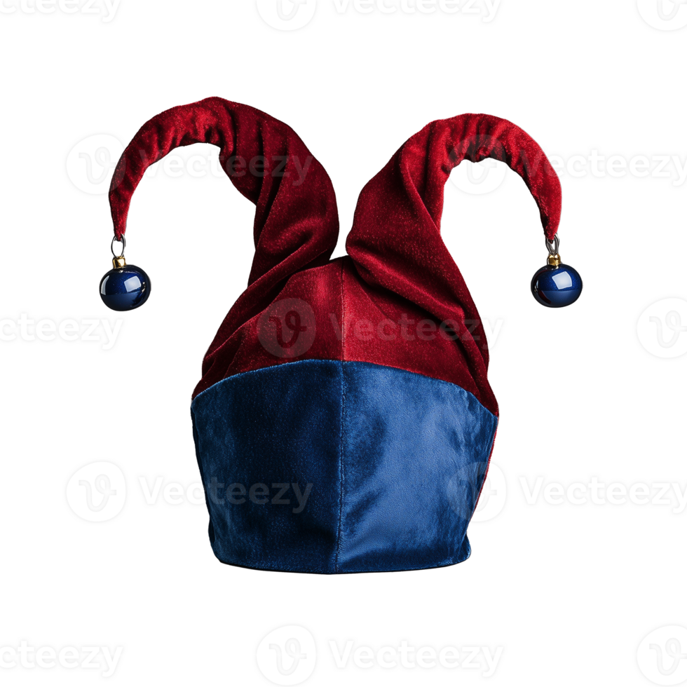 Dual colored jester hat with bells and red blue fabric on transparent background png