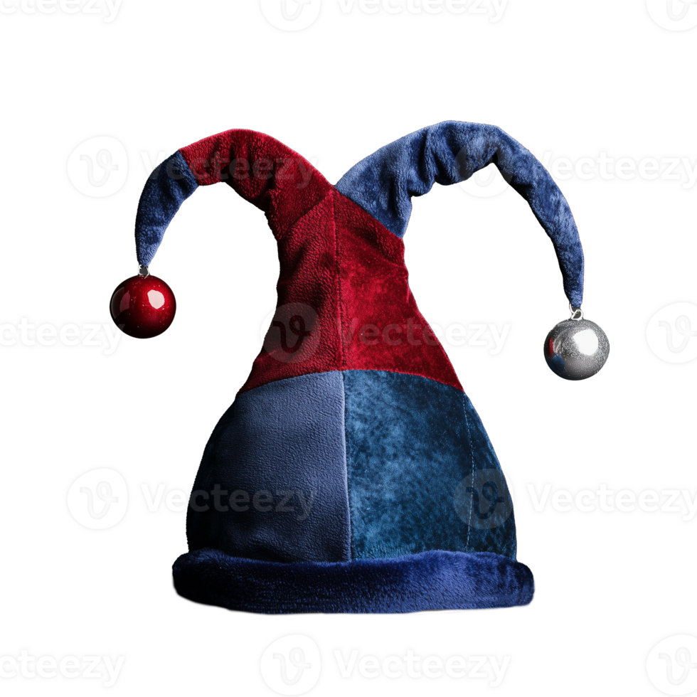 Jester hat with red and blue fabric and pom pom details on transparent background png