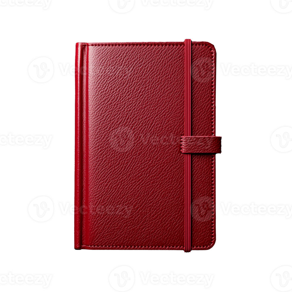 Elegant red leather bound notebook with strap closure on transparent background png