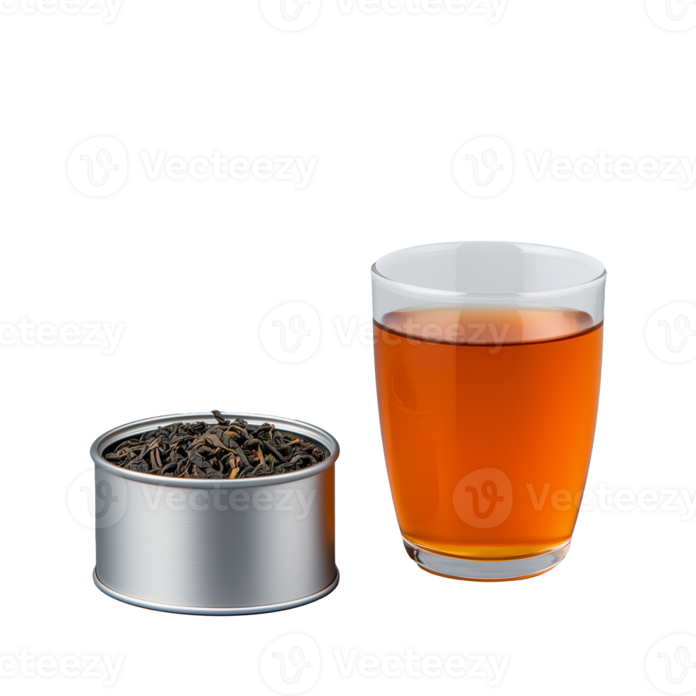 Glass of amber colored tea and metal container of loose leaf tea on transparent background png