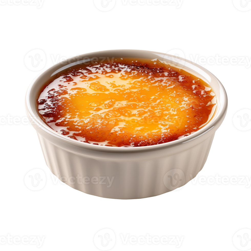 Creme brulee in a ceramic bowl isolated on transparent background png