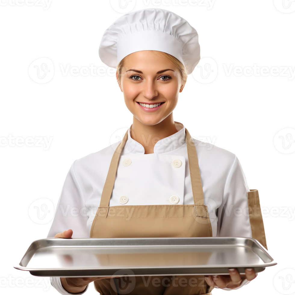 Female Baker in chef uniform Holding an empty Tray isolated on transparent background png