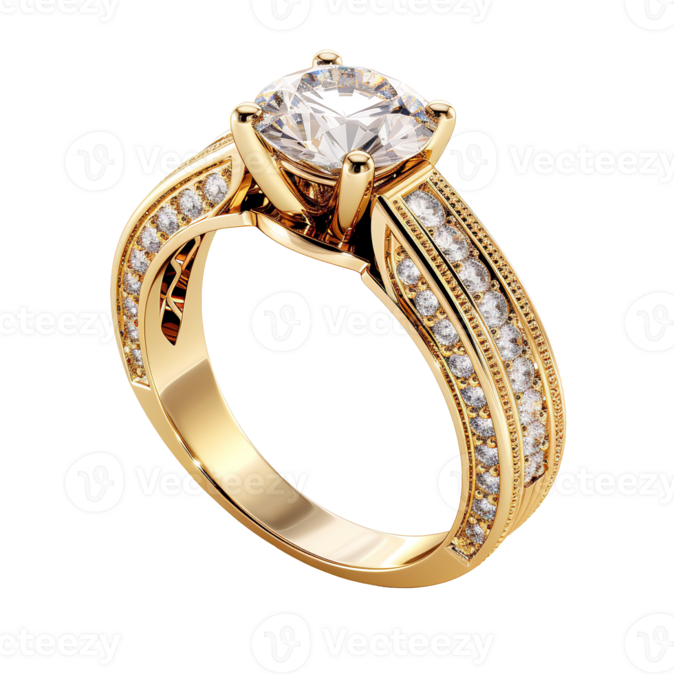 Gold Wedding Ring With Large Diamond isolated on transparent background png