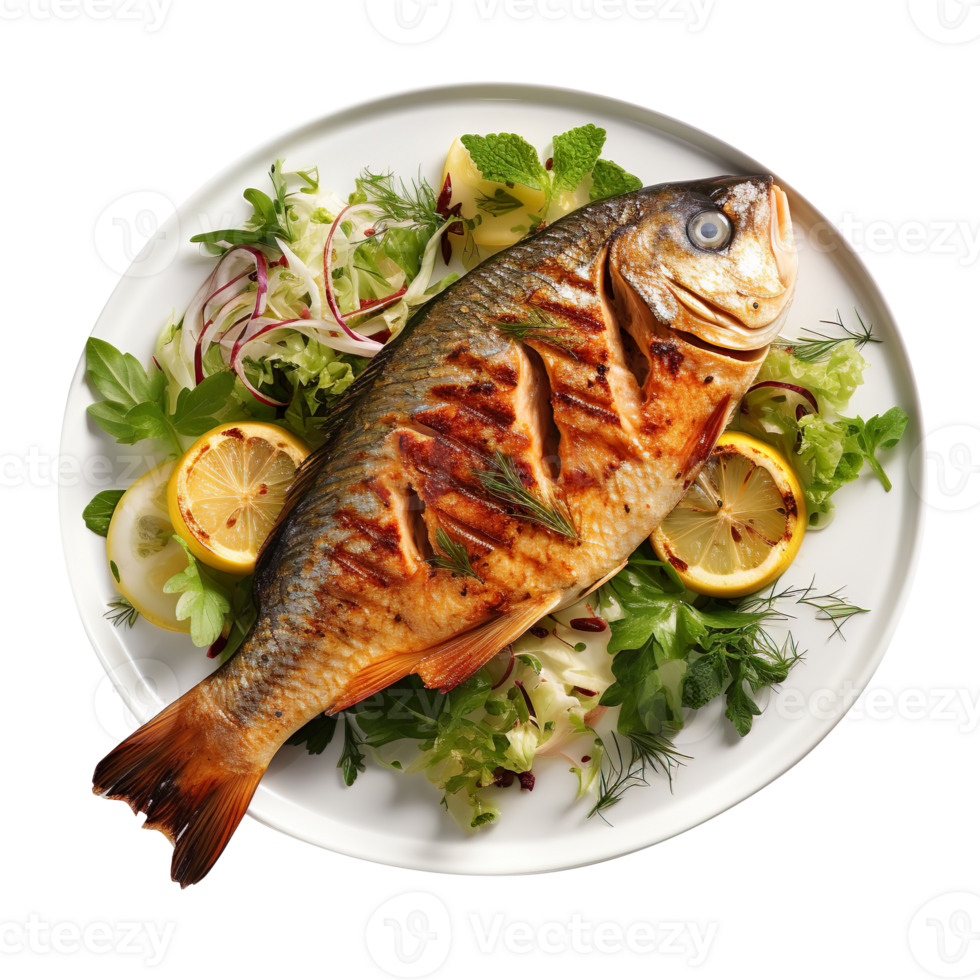 Grilled fish on a plate isolated on transparent background png